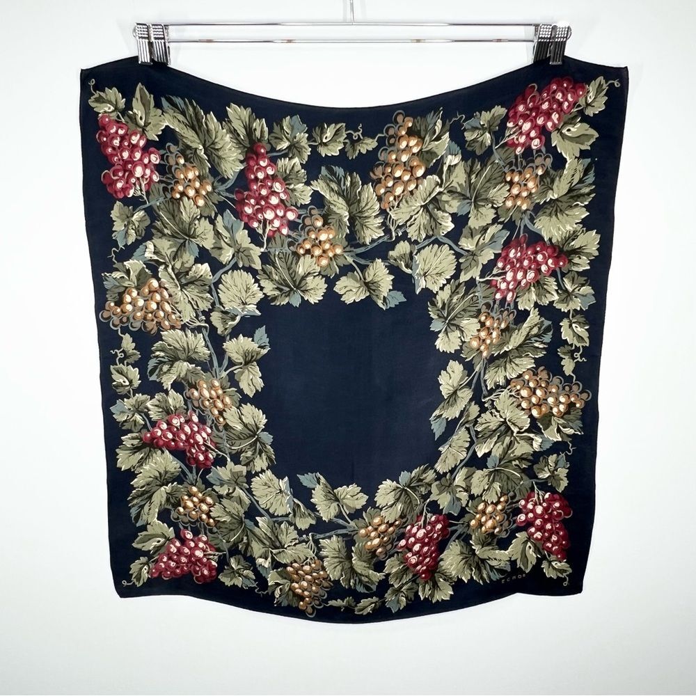 VTG Echo Silk Scarf Grapevine Grapes Navy Blue Square 30”x30”